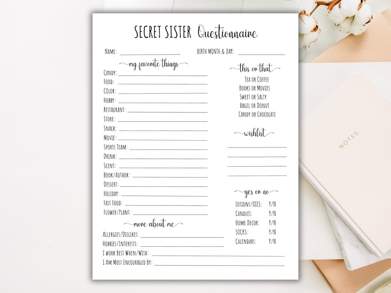 Secret Sister Questionnaire Printable, All About Me Survey, Church Gift ...