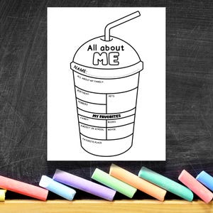May include: Black and white printable "All About Me" worksheet in the shape of a beverage cup. The worksheet includes prompts for name, family, birthday, hobbies, favorites, and more. A fun activity for kids.