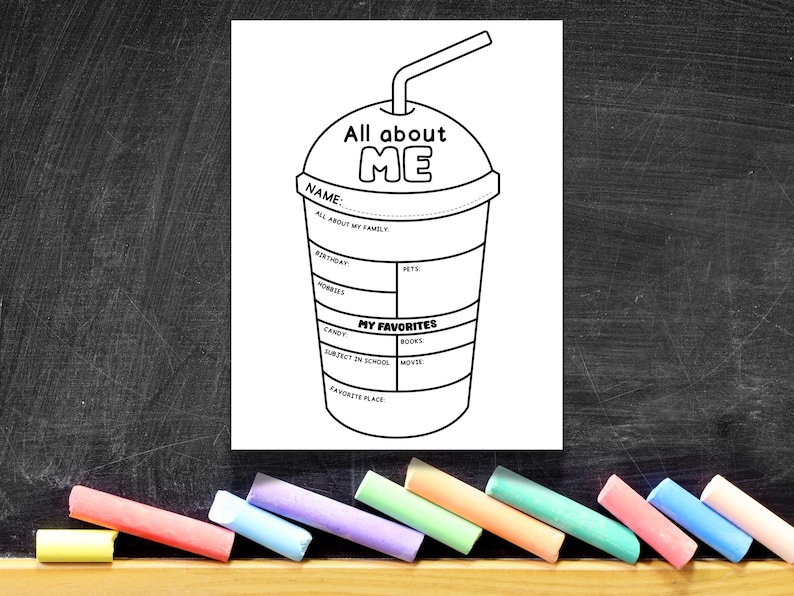 May include: Black and white printable "All About Me" worksheet in the shape of a beverage cup. The worksheet includes prompts for name, family, birthday, hobbies, favorites, and more. A fun activity for kids.