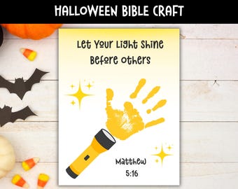 Let Your Light Shine Handprint Art, Matthew 5:16, Halloween Bible Craft, Preschool Flashlight Activity, Sunday School Homeschool Lesson