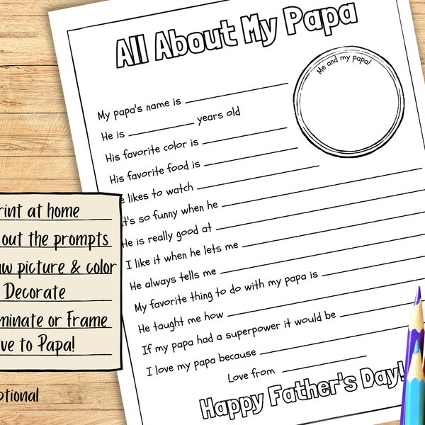 All About My PAPA, Printable, Father's Day, Gift For Grandfather, I Love You, Personalized Gift, From Kids, Grandpa Coloring Page