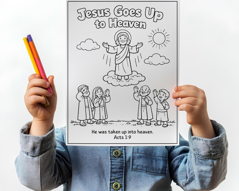 Puede incluir: Una p&aacute;gina para colorear en blanco y negro con el texto "Jesus Goes Up to Heaven". La ilustraci&oacute;n representa a Jes&uacute;s ascendiendo al cielo, rodeado de nubes y figuras abajo. Tambi&eacute;n est&aacute; presente el texto "He was taken up into heaven. Acts 1:9".