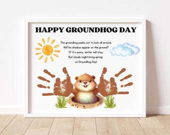 Peut inclure: Un bricolage imprimable pour la Journée de la Marmotte pour les enfants. L'imprimable présente un poème sur la marmotte, un soleil, un nuage et des empreintes de mains. Le texte dit : "HAPPY GROUNDHOG DAY. The groundhog peeks out to look all around, Will his shadow appear on the ground? If it's sunny, winter will stay. But clouds might bring spring on Groundhog Day!"