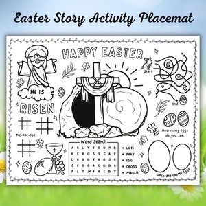 Printable Easter Story Activity Placemat, Easter Coloring Page For Kids, Resurrection Craft, Jesus Is Risen Sunday School Activity Mat Sheet