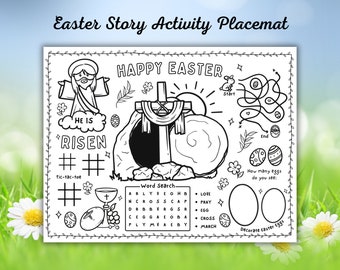 Printable Easter Story Activity Placemat, Easter Coloring Page For Kids, Resurrection Craft, Jesus Is Risen Sunday School Activity Mat Sheet