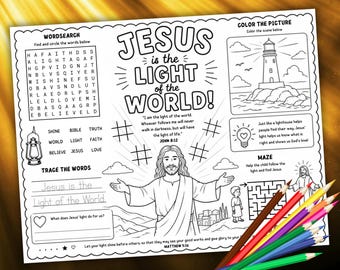Napperon d'activité Lumière du monde, Page à colorier chrétienne sur le thème d'éclairage VBS imprimable (téléchargement numérique)