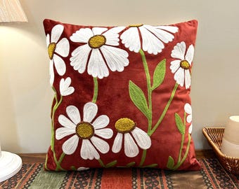 Red Velvet Crewel Embroidered Cushion Cover: 16x16 Decorative Pillow