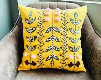 Hand Embroidered Floral Cushion Cover: 16x16 inch Throw Pillow