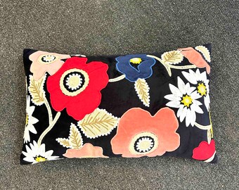 Floral Hand Embroidered Cushion Cover: Cotton Slub Throw Pillow