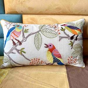 Bird sitting on branch embroidery pillow, decorative pillow, throw cushion, house warming gift, Lumbar pillow