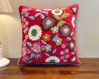 Red Crewel Embroidered Velvet Cushion Cover: 16x16 Decorative Pillow