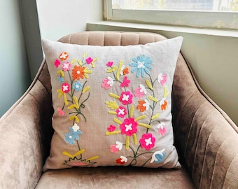Hand Embroidered Floral Cushion Cover: Cotton Throw Pillow