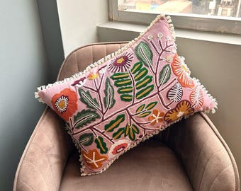 Floral Embroidery Lumbar Pillow Cover: Boho Throw Pillow, 12x20 inch