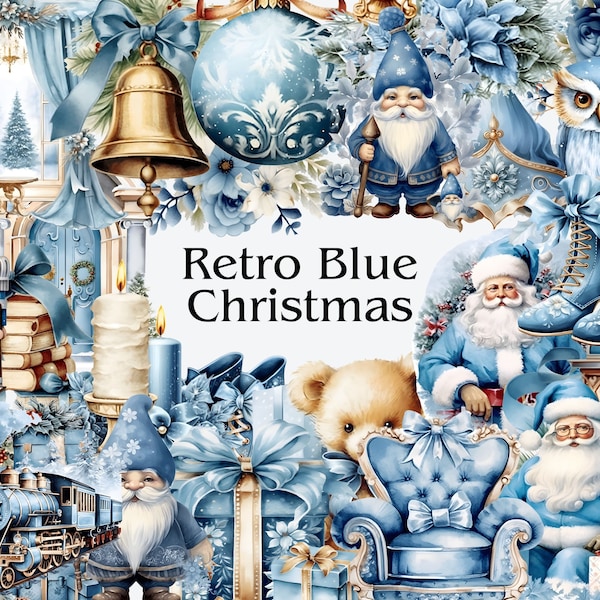 Retro Blue Christmas - Blue Christmas Clipart, Festive Winter PNG, Blue Cottagecore Clipart, Holiday Santa Graphics, Blue Junk Journal PNG