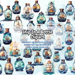 Ship in a Bottle Clipart - Pirate Ship Watercolor Jar Illustration, Sailor, Boat, Yacht, Sailboat Art, Maritime artwork - Commercial Use PNG