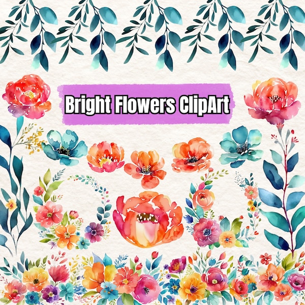 Bright Watercolor Flowers ClipArt Bright Floral Aquarelle Summer Spring Colorful Flowers Bouquets  PNG Commercial Use Digital Download Art