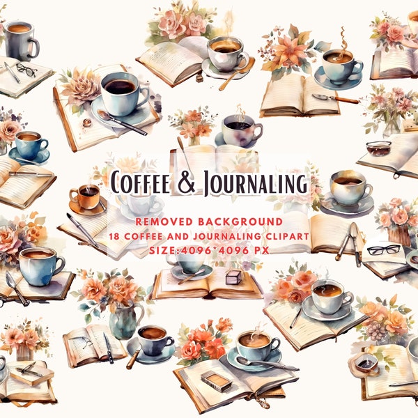 Watercolor Coffee and Journaling Clipart-Rustic Floral Desk Scenes, Artistic journaling, Books and Coffee, Cafe Clip art-Commercial Use PNG