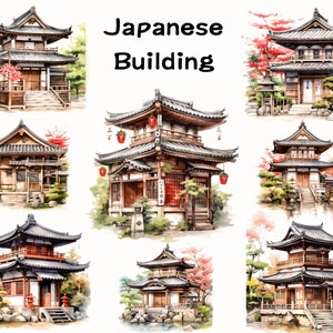 Japanese Building Clipart -Japanese Wall Art, Japan Clipart, Sushi Clipart, Asian Clipart, Japanese Store, Watercolor Storefront Clipart