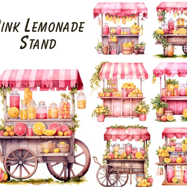 Pink Lemonade Stand Clipart - Summer Clipart, Lemon Clipart, Lemonade Party, Summer Drinks Clipart, Lemon Drink Clipart, Commercial Use PNG