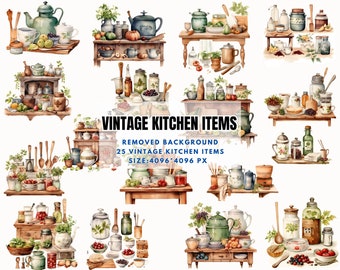 Kitchen Items Clipart - Vintage Kitchen Utensils, Cooking Clipart, Spring Cottage Kitchen PNG, Rustic Kitchen Clipart, Herbs And Spices PNG