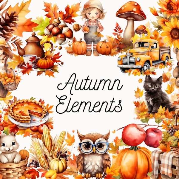 Autumn Elements Clipart - Watercolor Autumn Clipart, Cute Pumpkin Clipart, Autumn Floral Graphics, Fall Season Clipart, Cozy Fall Images