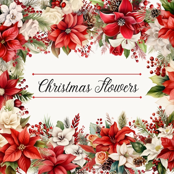 Christmas Flowers Clipart - Christmas Bouquet Clipart, Christmas Illustrations, Watercolor Flowers, Red Flowers PNG, Festive Flowers Clipart