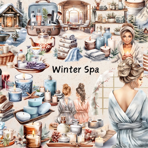 Winter Spa Clipart - Cozy Winter Spa, Romantic Cottagecore Retreat, Relaxation PNG, Beauty Self Care Illustrations, Winter Cottage Retreat