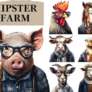 Hipster Animal Clipart, Farm Animals, Funny Animal Portrait, Quirky Animals, Realistic Animals, Dressed as Humans, Animals Wearing Glasses