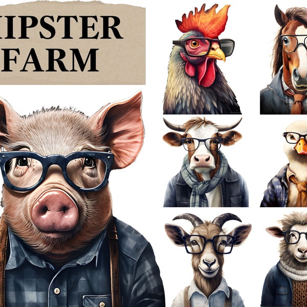 Hipster Animal Clipart, Farm Animals, Funny Animal Portrait, Quirky Animals, Realistic Animals, Dressed as Humans, Animals Wearing Glasses