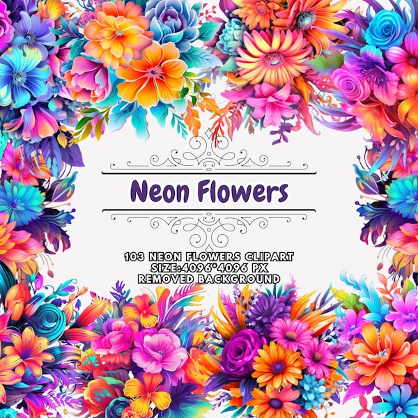 Vibrant Watercolor Neon Flowers Clipart - Bold and Colorful Bouquets, Wreaths and Elements, Digital Floral Illustrations, Commercial Use PNG