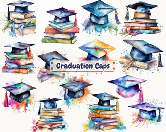 Graduation Caps Clipart - Stack of Books with Graduation Cap - Graduation Decorations-Diploma clip art-Scrapbook, Crafts, Commercial Use PNG