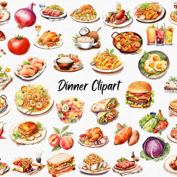 Dinner Clipart, 300+ Dinner Meals Clipart, Dinner Menu Images, Burrito, Burger, Pasta, Dinner Food Sublimation, Commercial Use, Digital Art