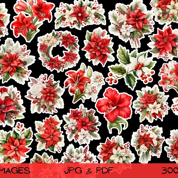 Christmas Flowers Fussy Cuts, Red Festive Flowers, Christmas Clipart, Junk Journaling, Printable Card Making, Paper Cut-out for Scrapbooking