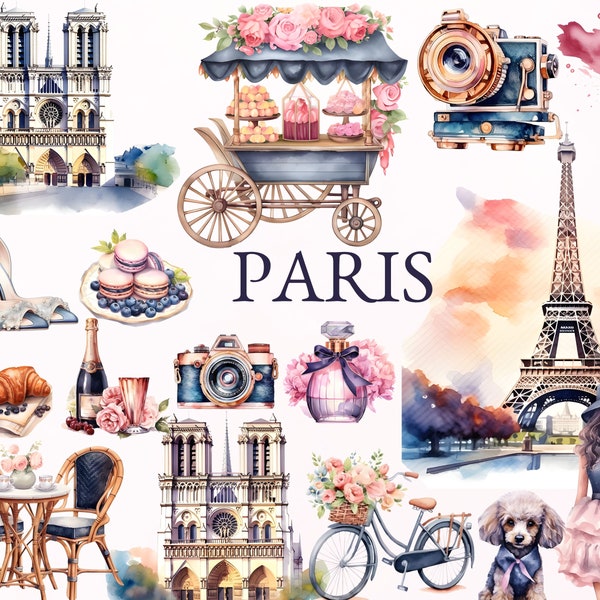 Salut Paris Clipart, Romantic France Art, French Croissant, Eiffel Tower Clipart, Paris Travel Clipart, Paris Landmarks Png, Commercial Use