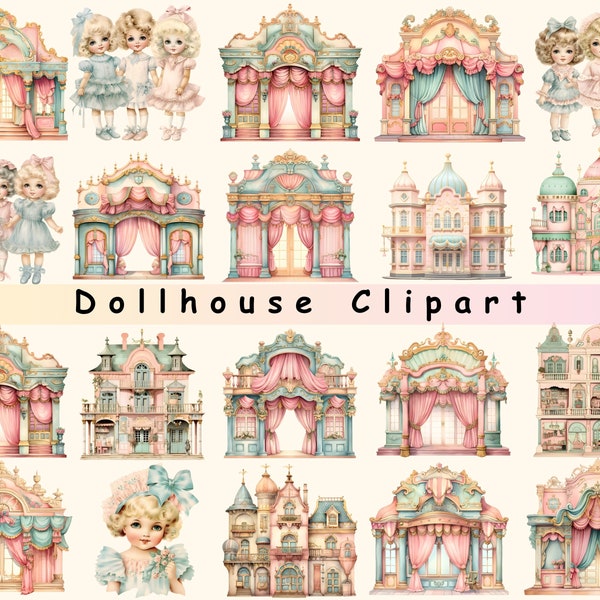 Dollhouse Clipart - Cute House Png, Victorian Dollhouse Png, Pastel Dollhouse, Watercolor Toy House, Open Dollhouse Png - Commercial Use Png