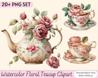 Teacup Clipart, 20+ Vintage Floral Cup PNG Set, Pink Tea Time Art, Watercolor Flower Teacup Clipart, Tea Party Commercial Use Illustrations