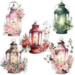 Watercolor Cottagecore Lanterns with Floral Designs Lamps Clipart PNG Antique Lamp Instant Download for Commercial Use Victorian Lamp image 2
