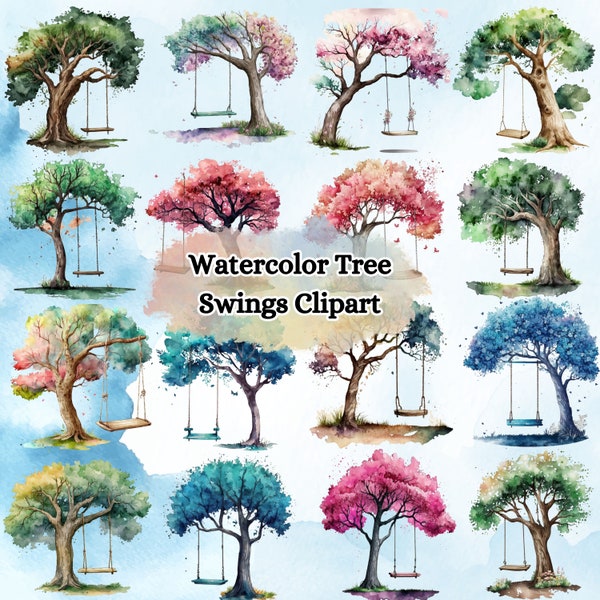 Watercolor Tree Swing Clipart Bundle, Fairytale Spring Trees and Garden Fantasy Illustrations Swings Nursery PNG Format for Commercial Use