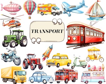 Transportation Nursery Clipart, Vehicles Clipart, Watercolor Transport Clipart, Car Nursery Decor, Boys Clipart, Aeroplane Illustrations