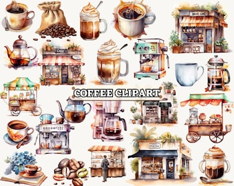 Aquarell Kaffee Clipart Bundle - Vintage Töpfe, Mühlen, Bohnen und Kaffeetassen, Coffee Shop, Kaffeeliebhaber Art PNG, kommerzielle Nutzung