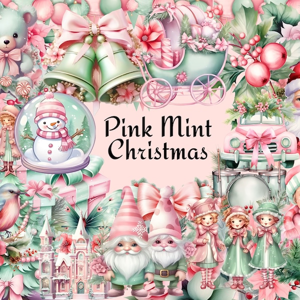 Pink Mint Christmas Clipart - 100+ Pastel Christmas Graphics, Pink and Green Christmas Png, Pink Christmas Decor Clipart, Commercial Use