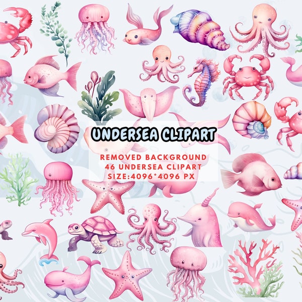 Pink Undersea Watercolor Clipart - Pink Nursery Decor, Baby Wall Art, Cute Ocean Animals, Baby Shower, Octopus, Jellyfish, Whale, Seahorse