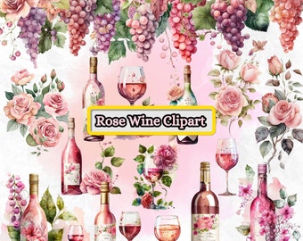 Watercolor Rose Wine Clipart Set - Digital PNG Graphics of Wine Grapes and Celebratory Elements for Instant Download and Commercial Use