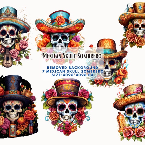 Mexican Skull Sombrero Clipart - Cinco de Mayo Mexican Skull, Fiesta Party, Unique Otomi, Sombrero Hat Png, Sombrero Guitar-Commercial Use