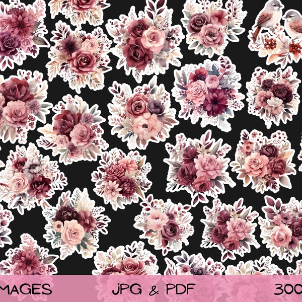 Dusty Rose and Burgundy Flowers Fussy cuts, Pink Flowers Ephemera, Junk Journaling, Printable Card Making, Paper Cut-outs for Scrapbooking