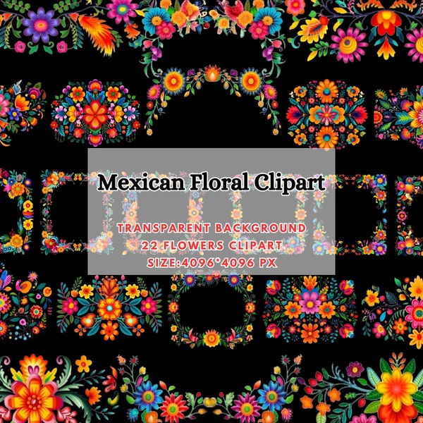 Mexican Flowers - Fiesta Party Clipart-Watercolor Vibrant Floral Clipart-Unique Otomi Floral-Cinco de Mayo Party Graphics-Commercial Use PNG