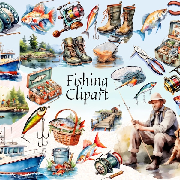 Fishing Clipart, Fishing Tools Clipart, Gone Fishing Clipart, Fishing Rod, Fishing Man, Fishing Boat PNG, Instant Download, Commercial Use