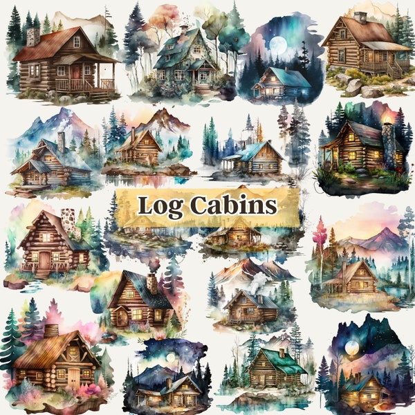 Log Cabin in the Woods Clipart Bundle - Watercolor Forest House, Adventure Outdoors, Woods Clip art, Hiking Clip art, Log Cabin Art PNG