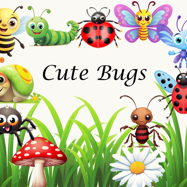 Cute Bugs Clipart - Watercolor Insects Clipart, Spring Bug Insect PNG, Caterpillar Clipart, Cute Animals Nursery Art, Ladybug, Butterfly PNG
