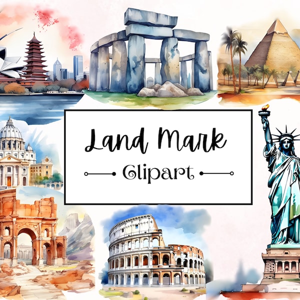 Famous Landmarks Clipart, Taj Mahal, Eiffel Tower, Statue of Liberty, World Monuments, Colosseum Illustrations, Travel Clipart, Vacation Art